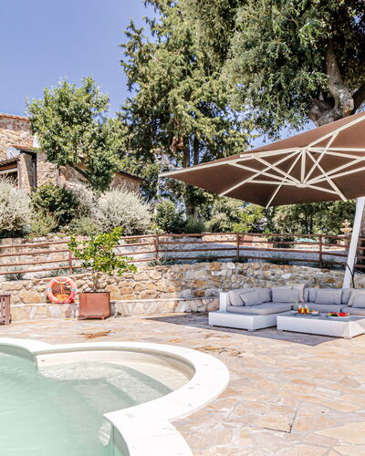 Villa Anna: Outdoor Furniture, Umbrella, Furniture, Chair, Swimming Pool, Outdoor Table, Shade, Flagstone, Patio, Garden