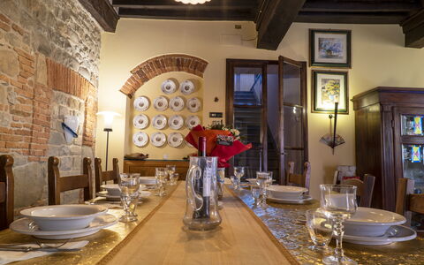 Country Historical House Lucca: Furniture, Interior Design, Table, Ceiling, Wood, Flooring, Chair, Dining Room, Light Fixture, Kitchen & Dining Room Table