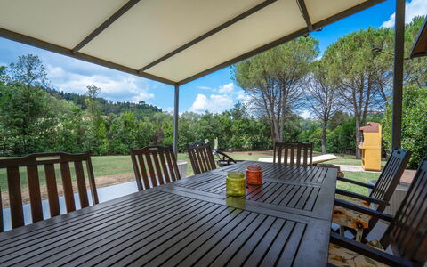 Casale La Canigiana, House, Pool, San Miniato: Furniture, Outdoor Furniture, Outdoor Table, Table, Shade, Chair, Outdoor Structure, Kitchen & Dining Room Table, Porch, Patio