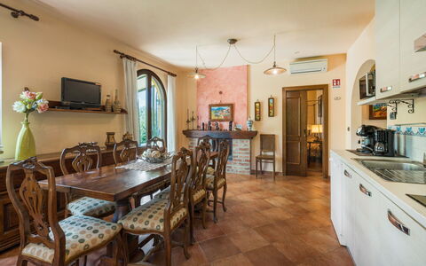 Casale La Canigiana, House, Pool, San Miniato: Furniture, Interior Design, Flooring, Wood, Dining Room, Kitchen & Dining Room Table, Ceiling, Table, Floor, Chair