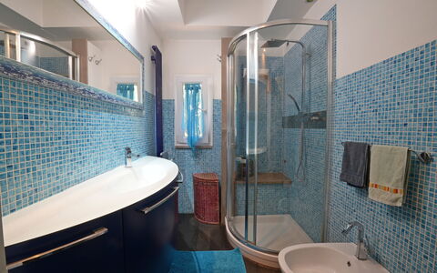 La Sevillana: Blue, Bathroom, Plumbing Fixture, Bathroom Sink, Interior Design, Flooring, Sink, Floor, Tap, Mirror