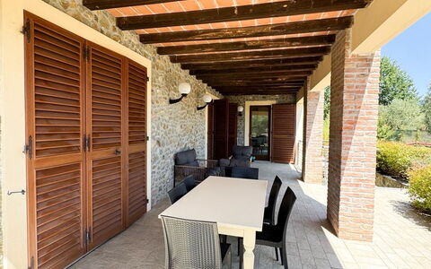 Villa Diamante: Wood, Flooring, Floor, Furniture, Shade, Door, Porch, Kitchen & Dining Room Table, Outdoor Furniture, Chair