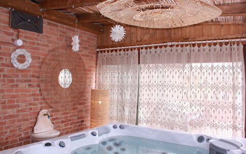Holiday Home Croce With Spa: Interior Design, Furniture, Floor, Flooring, Bedroom, Wood, Ceiling, Bed, Lighting, Room