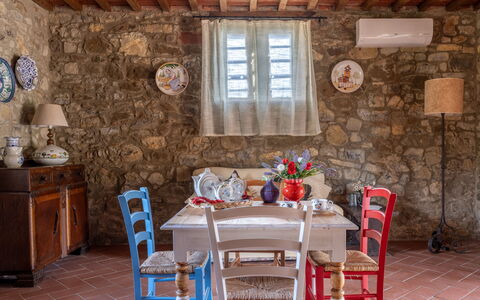 La Casina Honeymoon Cottage, Badia Agnano: Furniture, Table, Kitchen & Dining Room Table, Interior Design, Chair, Flooring, Dining Room, Floor, Flowerpot, Room