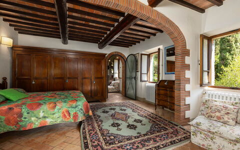 Mulino di Carpineto with Pool Gaiole in Chianti: Furniture, Interior Design, Bed, Bedroom, Wall, Wood, Ceiling, Flooring, Room, Floor