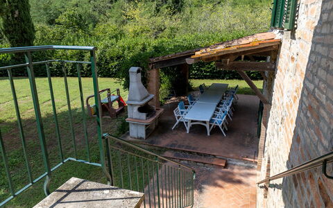 Mulino di Carpineto with Pool Gaiole in Chianti: Furniture, Table, Outdoor Furniture, Chair, Outdoor Table, Backyard, Yard, Shade, Balcony, Outdoor Structure