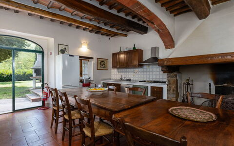 Mulino di Carpineto with Pool Gaiole in Chianti: Furniture, Interior Design, Wood, Flooring, Ceiling, Kitchen, Kitchen & Dining Room Table, Table, Room, Countertop