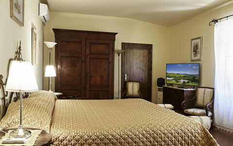 Villa Medicea Lo Sprocco: Furniture, Bed, Interior Design, Bedroom, Bedding, Bed Sheet, Wall, Wood, Room, Flooring