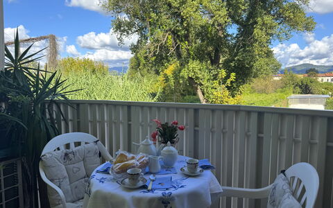 Liz: Furniture, Chair, Outdoor Table, Outdoor Furniture, Balcony, Shade, Serveware, Tablecloth, Kitchen & Dining Room Table, Yard