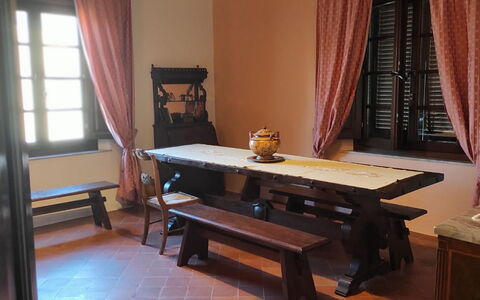Villa Luce San Miniato: Furniture, Flooring, Wood, Table, Floor, Interior Design, Kitchen & Dining Room Table, Chair, Wood Stain, Door