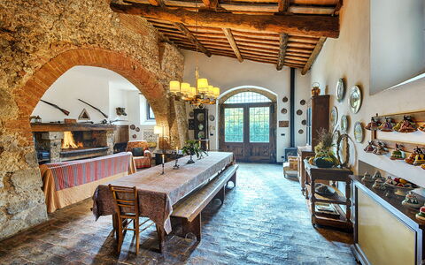 Medieval Castle Living: Vineyards, Swimming Pool &: Furniture, Wall, Table, Flooring, Interior Design, Chair, Kitchen & Dining Room Table, Ceiling, Dining Room, Houseplant
