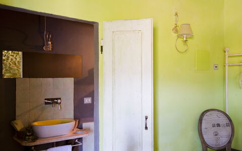 Le Tre Virtù Luxury Relais, Private Pool, Mugello: Wall, Interior Design, Wood, Plumbing Fixture, Lighting, Floor, Plumbing, Bathroom, Flooring, Bathroom Sink