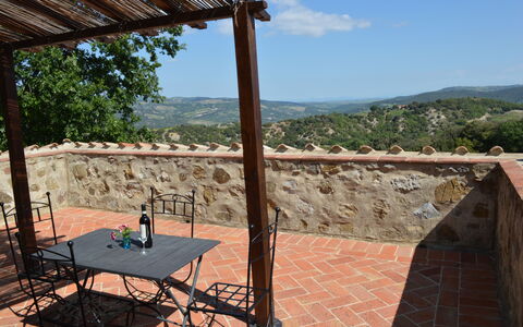 Agriturismo Bellavista, Private Pool, Val D'Orcia: Wall, Outdoor Furniture, Outdoor Table, Shade, Flagstone, Balcony, Chair, Ridge, Flowerpot, Fence