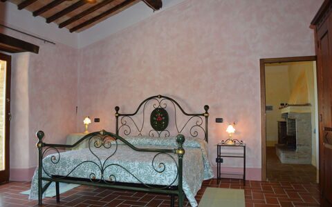 Agriturismo Bellavista, Private Pool, Val D'Orcia: Flooring, Floor, Furniture, Bedroom, Bed Frame, Bed, Lamp, Light Fixture, Bedding, Houseplant