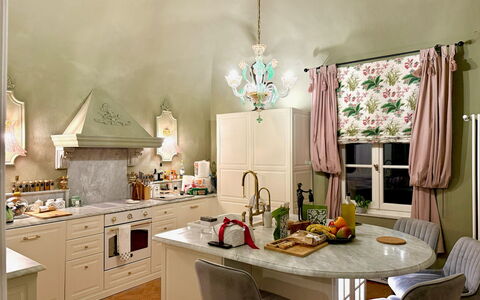 Villa Elisa: Furniture, Interior Design, Kitchen, Flooring, Light Fixture, Ceiling, Room, Lighting, Table, Home