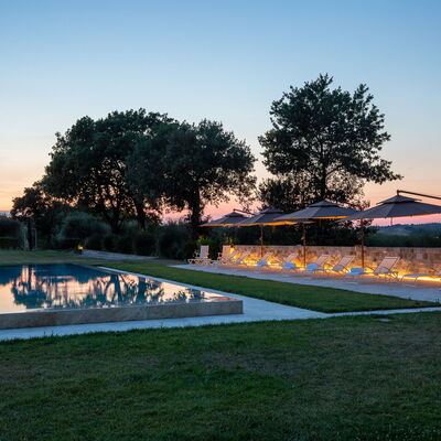 Poggio Mori 20: Swimming Pool, Landscape, Landscaping, Lawn, Water Feature, Evening, Dusk, Park, Reflecting Pool, Shadow