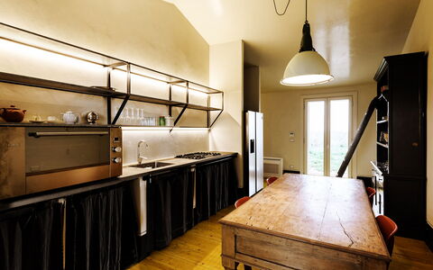 Villa Dedalo: Interior Design, Furniture, Flooring, Ceiling, Wood, Light Fixture, Floor, Lighting, Kitchen, Room