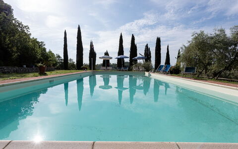 Podere le Lune with Pool, San Gimignano: Blue, Swimming Pool, Resort, Landscaping, Hacienda, Water Feature, Eco Hotel, Outdoor Furniture, Villa