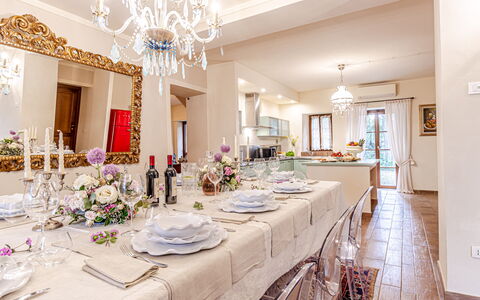 Chateau la Siroque: Furniture, Interior Design, Table, Ceiling, Dining Room, Chair, Textile, Flooring, Room, Kitchen & Dining Room Table