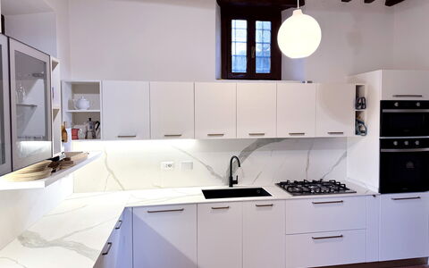 Villa Ulivacci: Kitchen, Countertop, Flooring, Interior Design, Furniture, Cabinetry, Major Appliance, Home, Kitchen Appliance, Floor