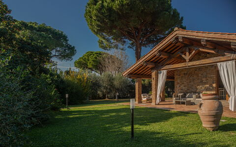 Villa Bolgheri Vermentino Castagneto Carducci: Wood, Roof, Garden, Shade, Cottage, Garden Buildings, Landscaping, Backyard, Outdoor Structure, Estate
