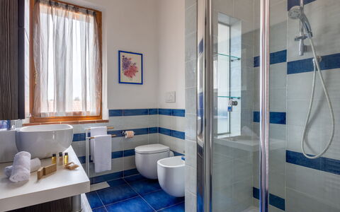 Casa Lory, Monteriggioni, Siena: Blue, Flooring, Interior Design, Floor, Plumbing Fixture, Bathroom, Home, Plumbing, Toilet, Composite Material