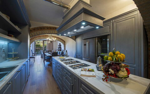 Villa Serena: Kitchen, Interior Design, Countertop, Ceiling, Lighting, Flooring, Furniture, Kitchen Stove, Kitchen Appliance, Cabinetry