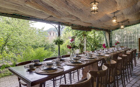 Villa Senio: Furniture, Wood, Table, Chair, Kitchen & Dining Room Table, Restaurant, Ceiling, Dining Room, Outdoor Table, Natural Material