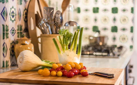 Villa Molinazzo 14: Kitchen, Tableware, Countertop, Food, Serveware, Cooking, Fruit, Kitchen Appliance, Natural Foods