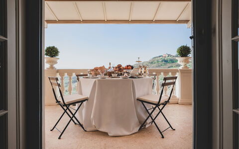 Villa la Brezza: Furniture, Chair, Outdoor Furniture, Table, Outdoor Table, Balcony, Shade, Restaurant, Flowerpot, Kitchen & Dining Room Table