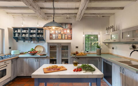 Villa la Foresta: Furniture, Kitchen, Interior Design, Countertop, Flooring, Ceiling, Wood, Light Fixture, Home, Cabinetry