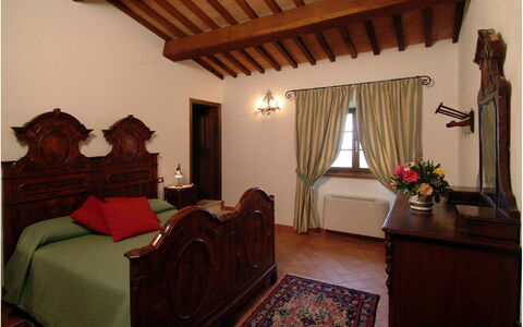 Villa Montichiello: Furniture, Interior Design, Wood, Flooring, Ceiling, Bedroom, Bed, Room, Floor, Lighting