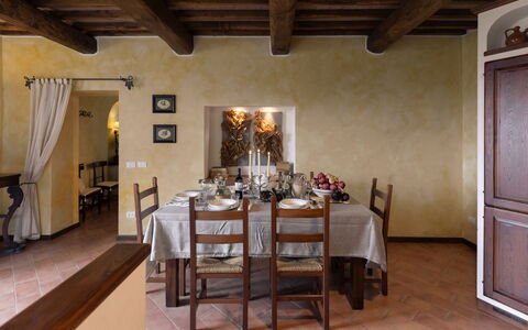Villa Essiccatoio: Furniture, Interior Design, Wall, Flooring, Ceiling, Kitchen & Dining Room Table, Floor, Table, Chair, Dining Room