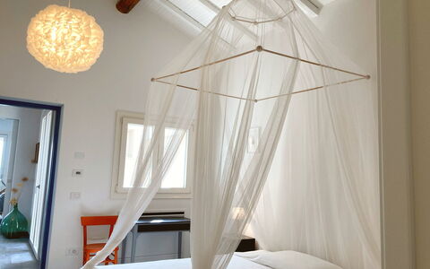 Villa Ombrone: Interior Design, Mosquito Net, Furniture, Bed, Bedroom, Wood, Floor, Ceiling, Canopy Bed, Lighting