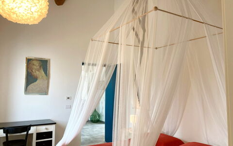 Villa Ombrone: Furniture, Interior Design, Mosquito Net, Bedroom, Wood, Bed, Floor, Canopy Bed, Lighting, Textile
