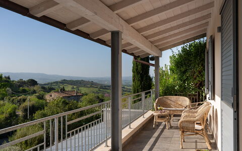 Villa Ombrone: Wood, Porch, Furniture, Home, Balcony, Door, Outdoor Furniture, Deck, Shade, Wood Stain