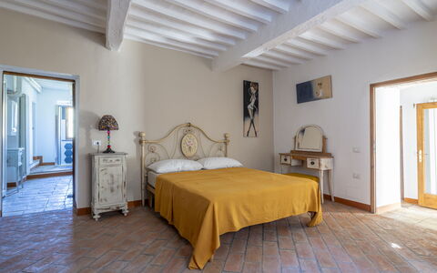 House in Sassa, Historic Tuscany Village, View: Furniture, Wall, Bedroom, Bed, Flooring, Interior Design, Floor, Wood, Room, Bed Sheet