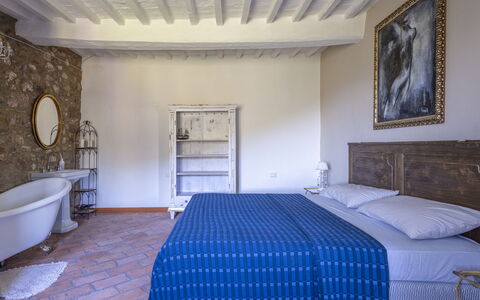 House in Sassa, Historic Tuscany Village, View: Furniture, Wall, Bedroom, Flooring, Floor, Bed, Home, Bed Frame, Bedding, Chair