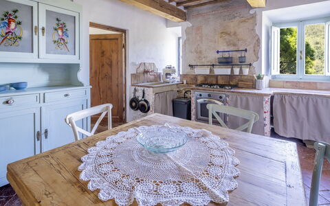 House in Sassa, Historic Tuscany Village, View: Furniture, Interior Design, Flooring, Wood, Table, Chair, Floor, Kitchen, Kitchen & Dining Room Table, Room
