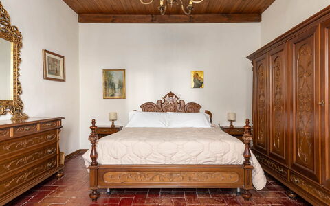 Il Leccio, Vinci, Private Pool and Tennis: Furniture, Bed, Bedroom, Interior Design, Wood, Flooring, Bed Sheet, Bedding, Floor, Room