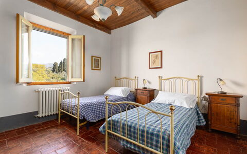 Il Leccio, Vinci, Private Pool and Tennis: Furniture, Bed, Bedroom, Interior Design, Room, Bedding, Bed Frame, Bed Sheet, Home, Picture Frame