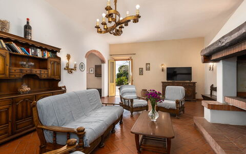 Il Leccio, Vinci, Private Pool and Tennis: Furniture, Interior Design, Flooring, Table, Room, Living Room, Lighting, Couch, Floor, Home