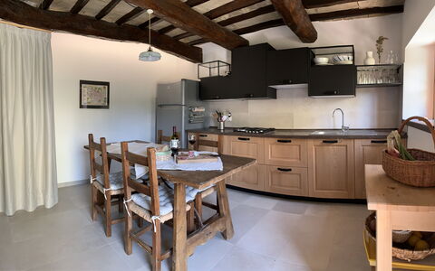 Casa Chimera: Furniture, Interior Design, Kitchen, Wood, Flooring, Countertop, Ceiling, Cabinetry, Room, Floor