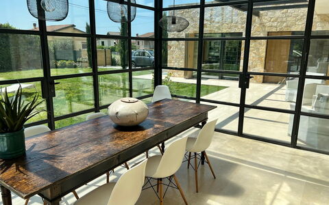 Villa Elena: Furniture, Wood, Interior Design, Table, Flooring, Chair, Kitchen & Dining Room Table, Floor, Lighting, Dining Room