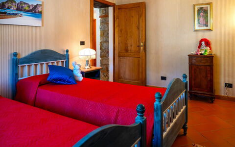 Villa la Guardiola: Furniture, Bedroom, Bed, Interior Design, Wood, Bed Sheet, Bedding, Textile, Room, Flooring