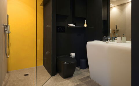 Villetta Farfallina: Wall, Plumbing Fixture, Bathroom, Interior Design, Flooring, Floor, Plumbing, Lighting, Tap, Bathroom Sink