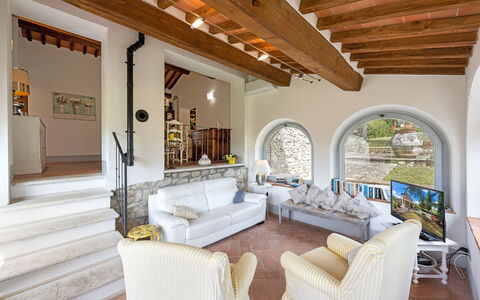 San Sano Retreat, Chianti Vineyard Views & Diving: Interior Design, Furniture, Wall, Flooring, Ceiling, Floor, Room, Couch, Home, Living Room