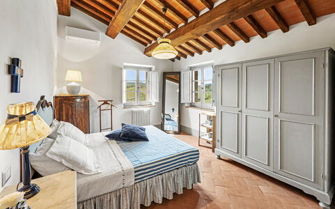 San Sano Retreat, Chianti Vineyard Views & Diving: Furniture, Interior Design, Bedroom, Bed, Flooring, Ceiling, Room, Home, Floor, Lighting