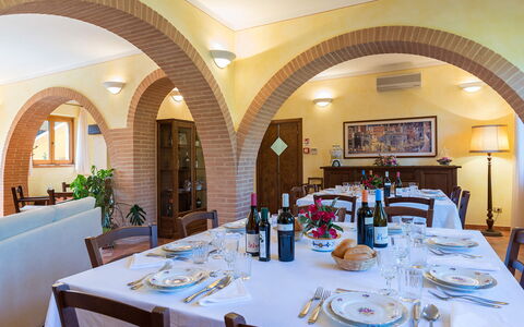 Poderina dei Poggi 12: Furniture, Interior Design, Table, Ceiling, Chair, Tableware, Dining Room, Kitchen & Dining Room Table, Restaurant, Room