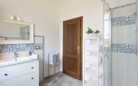 Poggio Vistabella 10: Blue, Flooring, Floor, Plumbing Fixture, Bathroom, Interior Design, Tile, Plumbing, Tap, Room